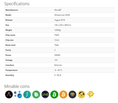 Μηχανή M20s 68th/S 3360 Watt Whatsminer ανθρακωρύχων Sha-256 68t Asic